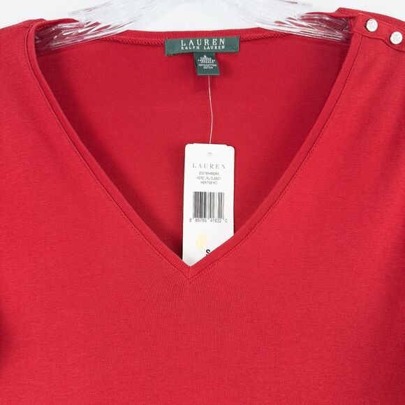 Lauren Ralph Lauren Cotton Long Sleeve Button Shoulder Tee Womens Small Red - Picture 6 of 11